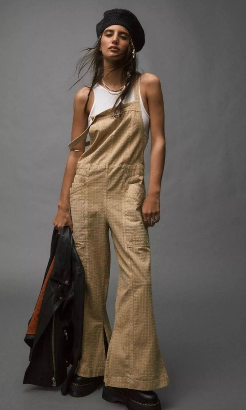 Free People Savannah Textured Cotton Wide-Leg Overalls – Gosling Tan, Small $168